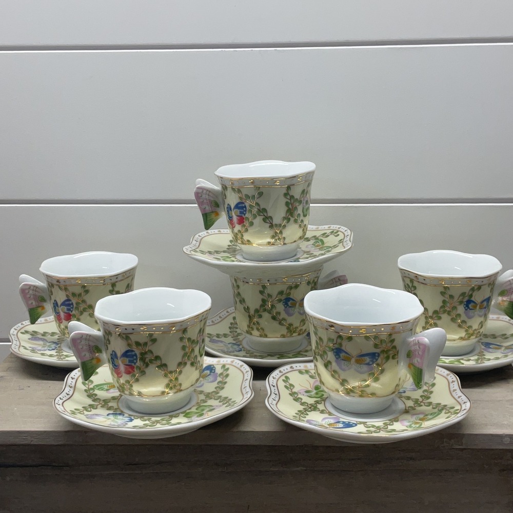 CC&T Butterfly Porcelain Espresso Set 6 Cups and Saucers with Gift Box